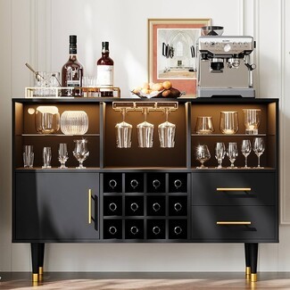Bar Cabinet in Matte Black Wood with Gold Accent Legs