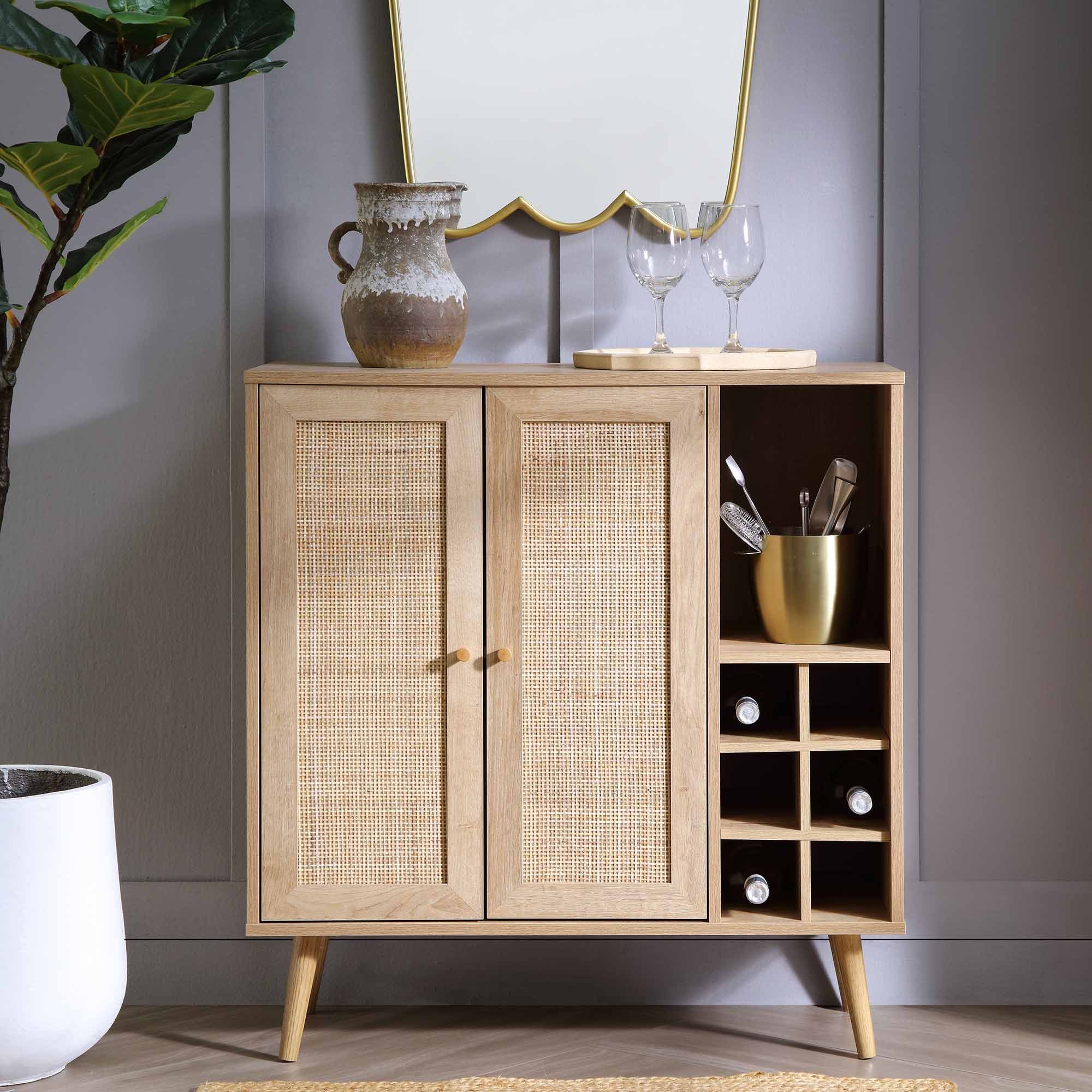 Bar Cabinet including Woven Rattan Panels and Natural Wood