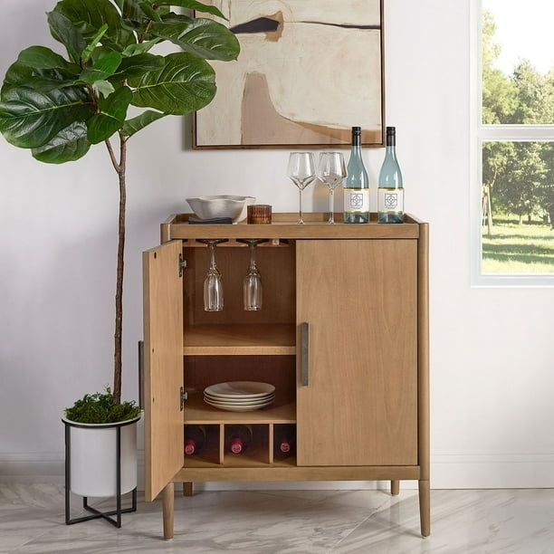 Bar Cabinet with Tray Top Edge and Charlotte Natural Wood