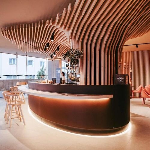 Bar Counter: Parametric Wood Slat Ceiling and LED Base