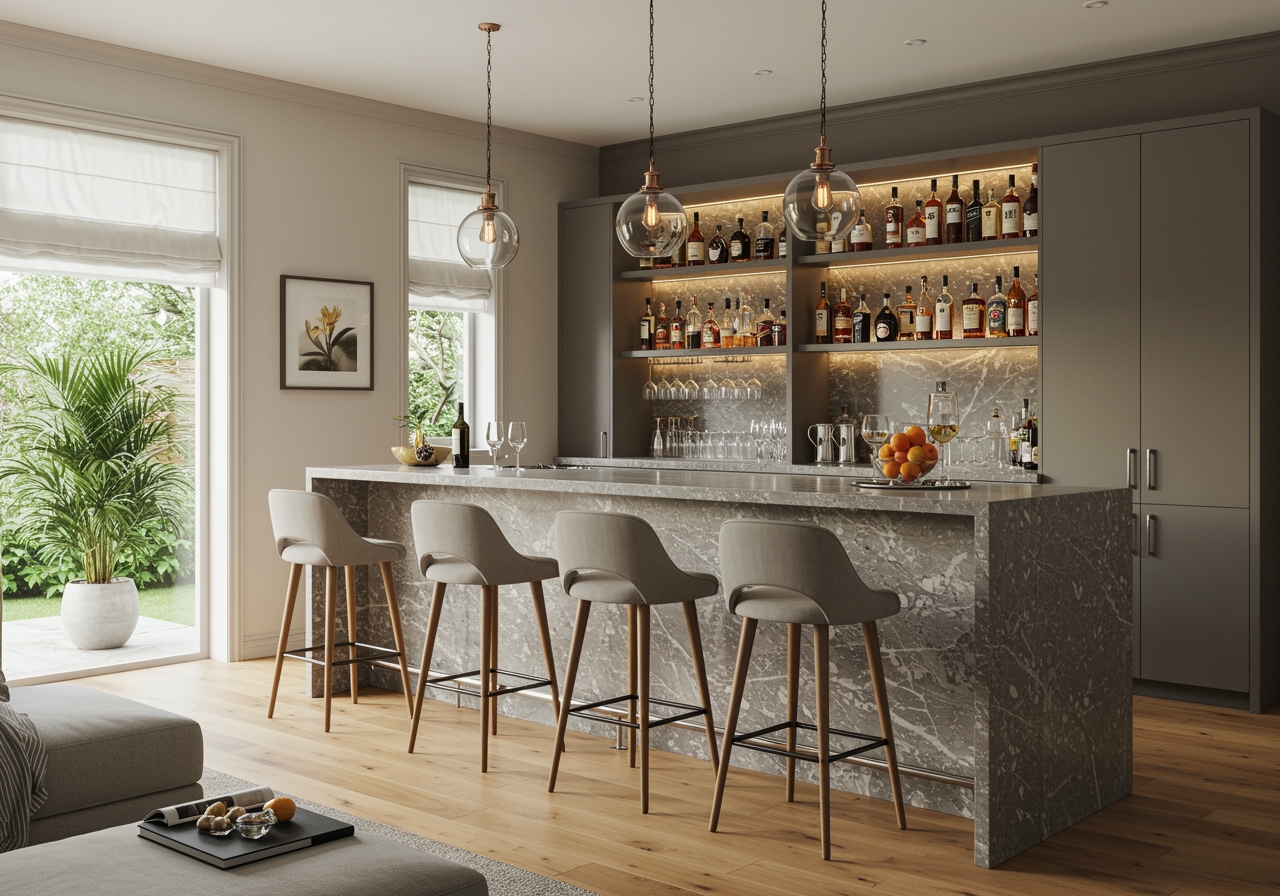 Bar Island with Waterfall Stone Island and Orb Pendant Lighting