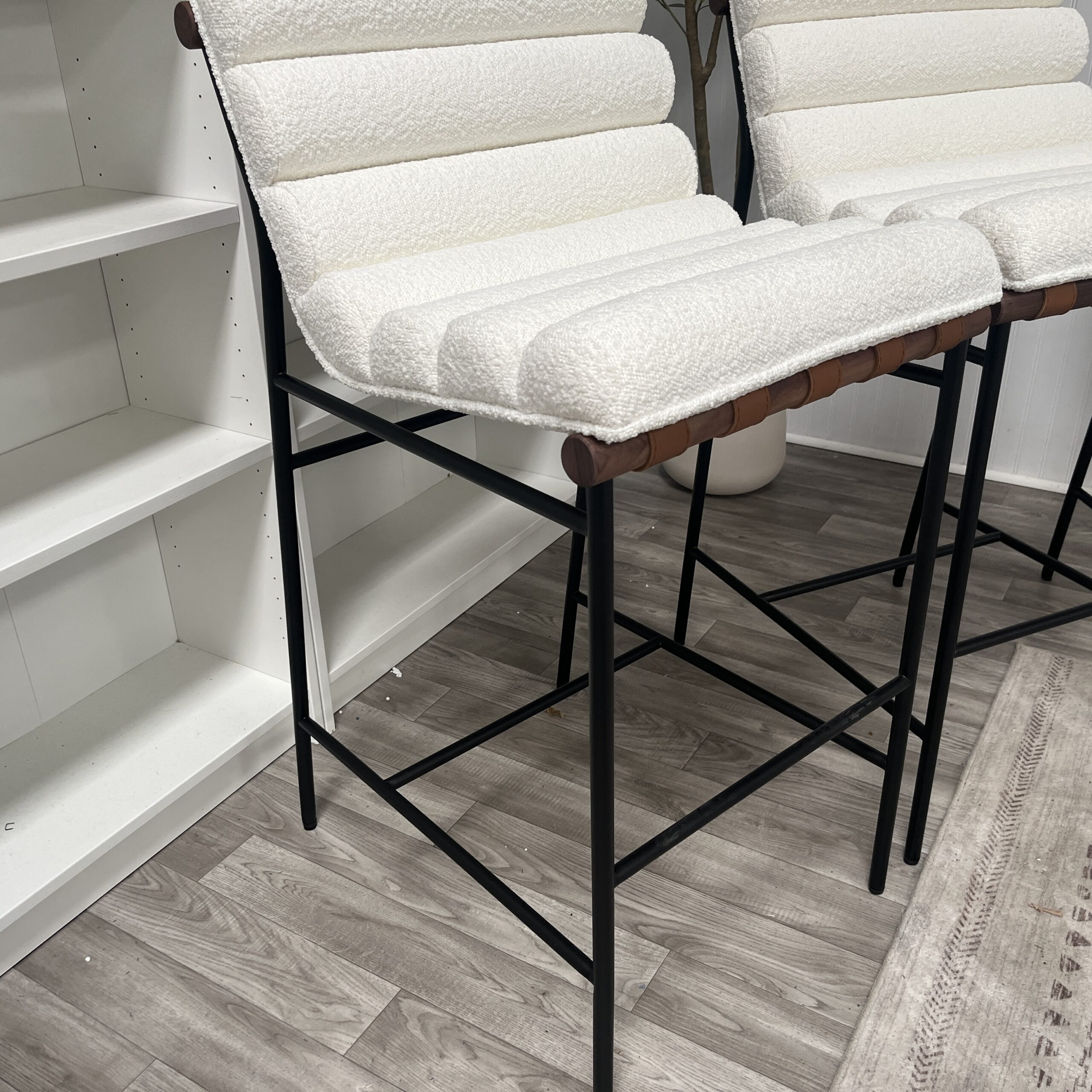 Bar Stool Boucle Channel Tufting with Walnut Accents