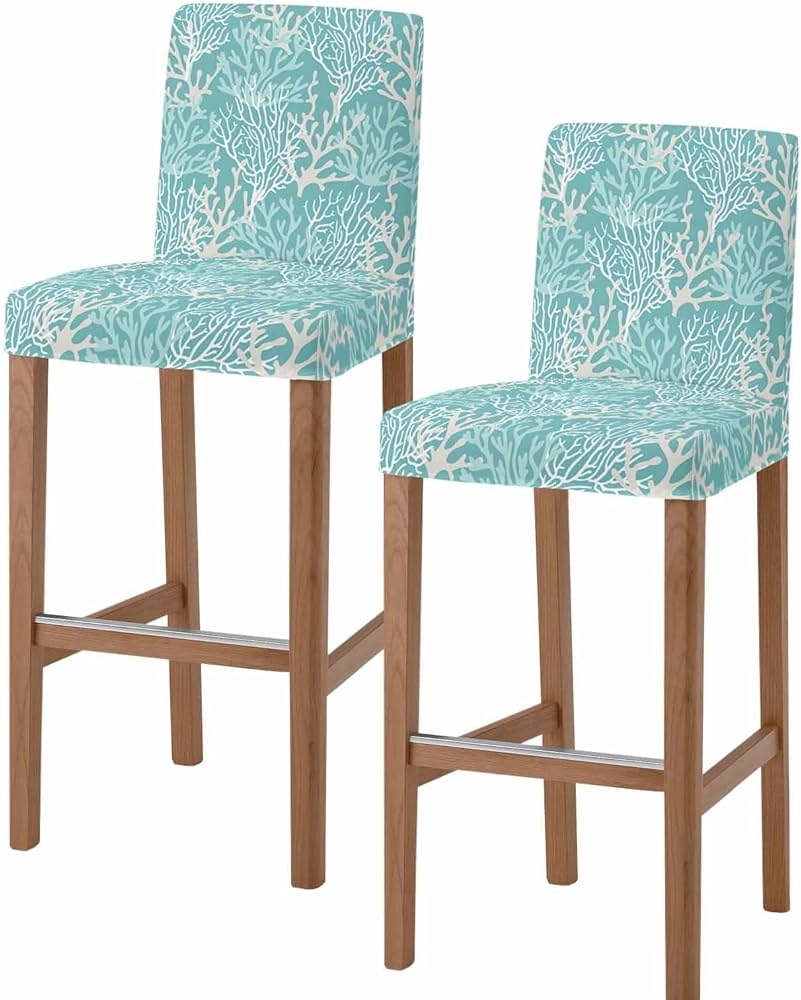 Bar Stool Coral Pattern Teal Blue Coastal Stool Covers
