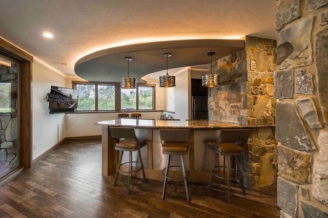 Bar Stool: Curved Home Bar with Stone Masonry Accents
