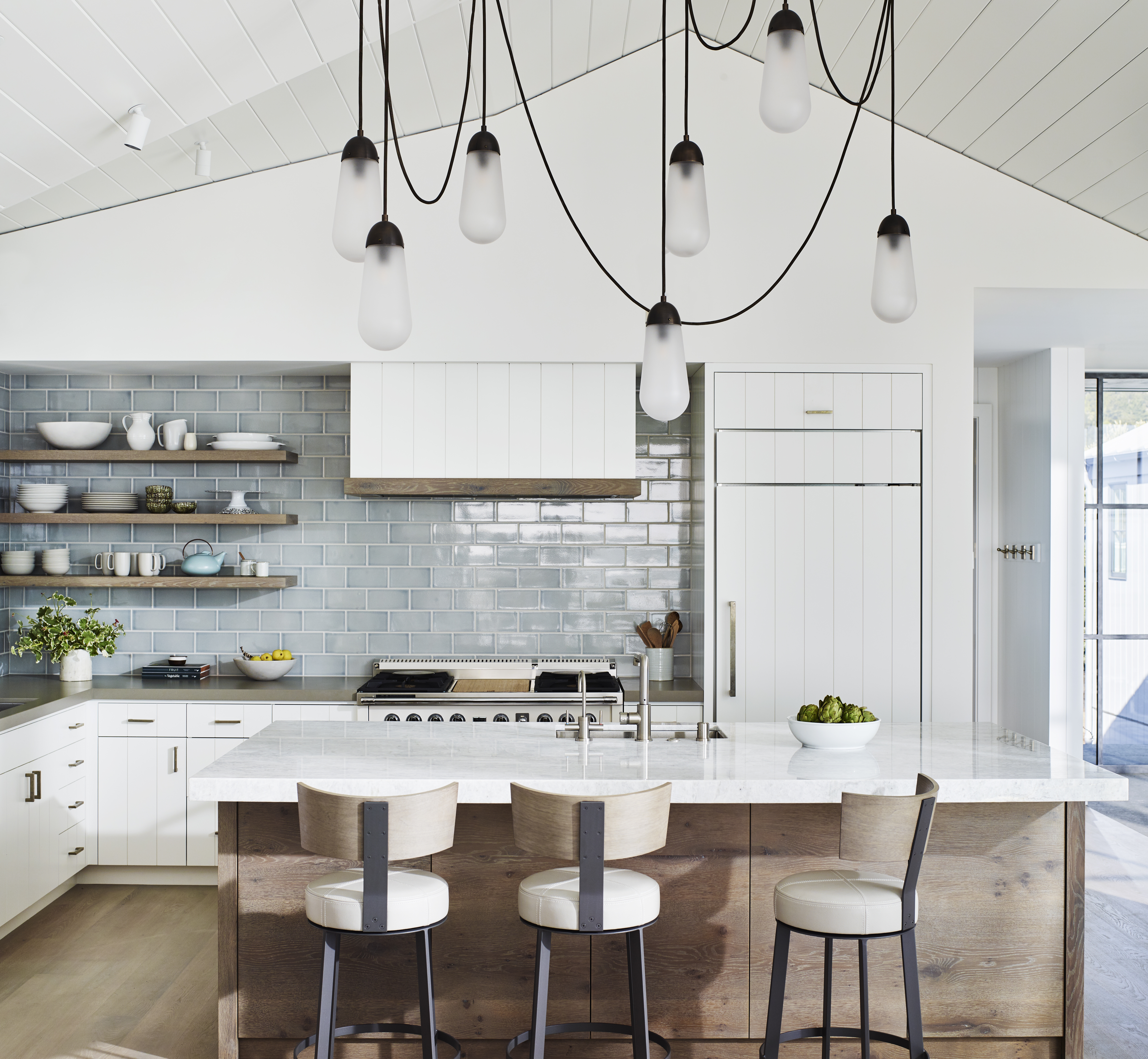 Bar Stool Curved Wood Back in Modern Coastal Kitchen Style