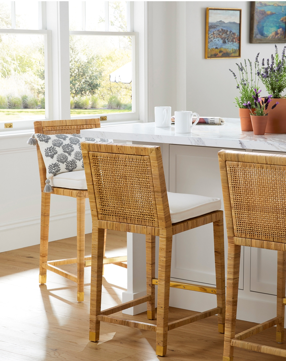 Bar Stool Rattan Cane Metal Footrest Honey Brown Barstools