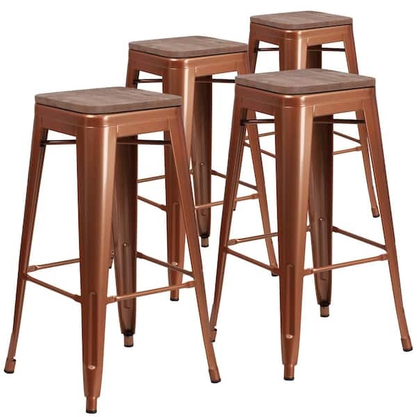 Bar Stool Set of Four with Walnut Toned Wood Seat
