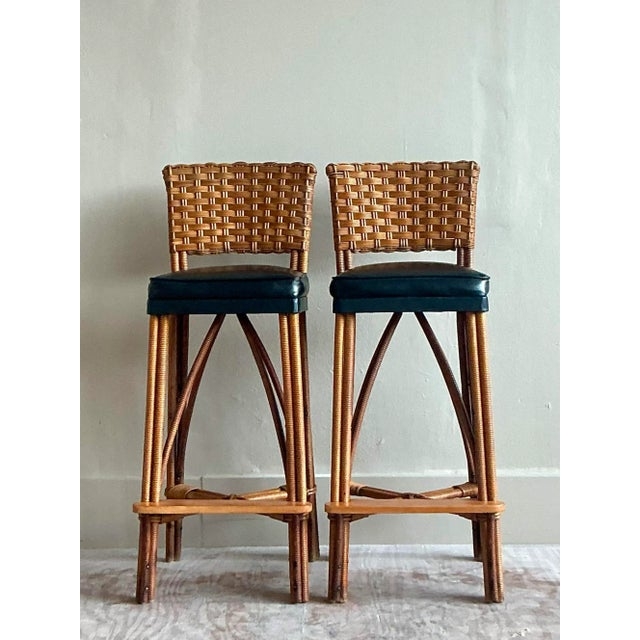 Bar Stool Vintage Rattan Back Teal Vintage Rattan Bar Stools