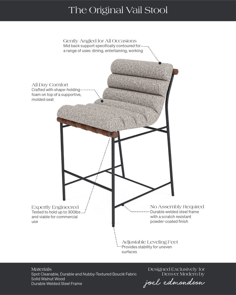 Bar Stool with Boucle Channeled Seat and Walnut Accents