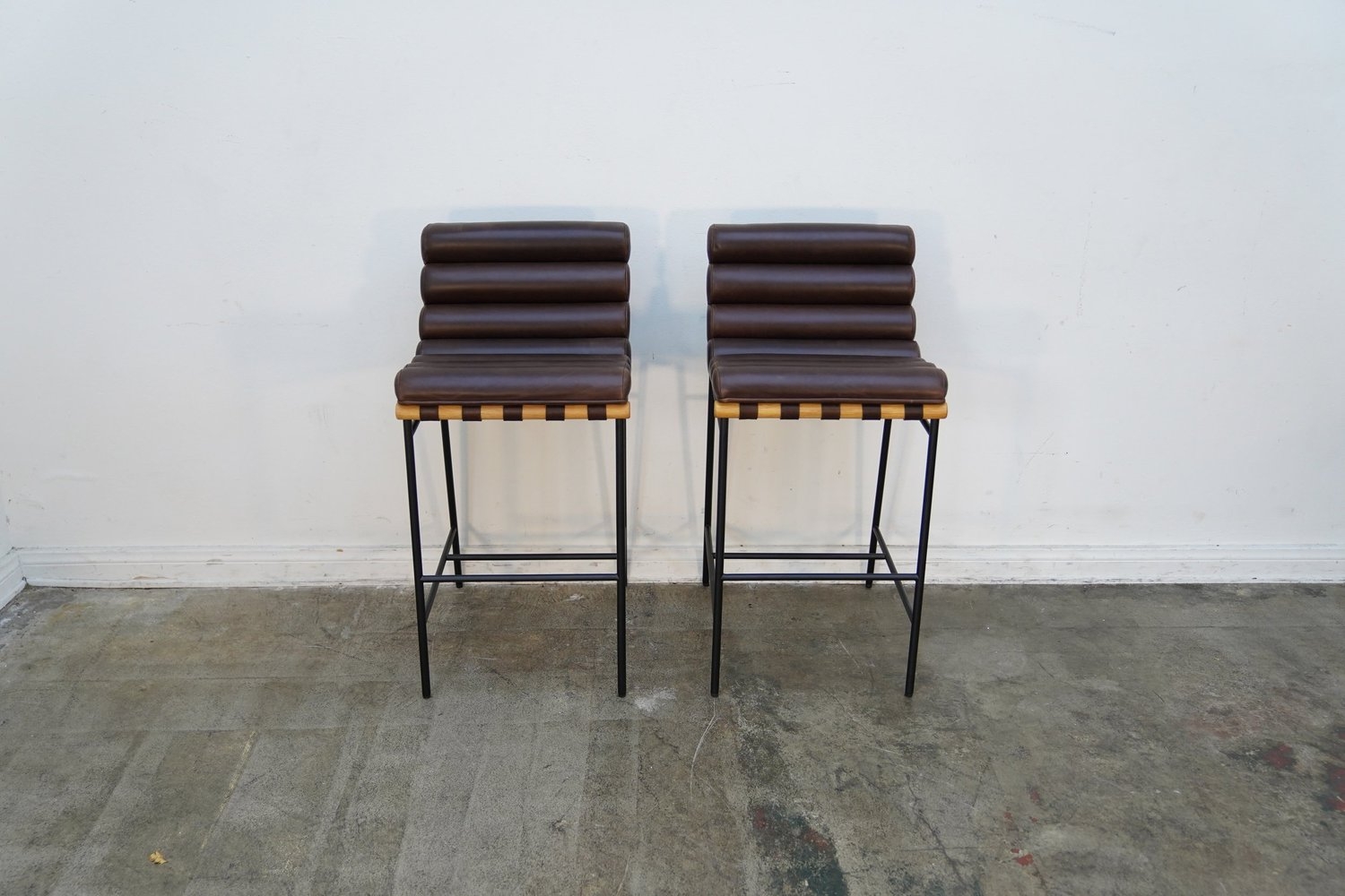 Bar Stool with Channeled Leather and Woven Maple Base