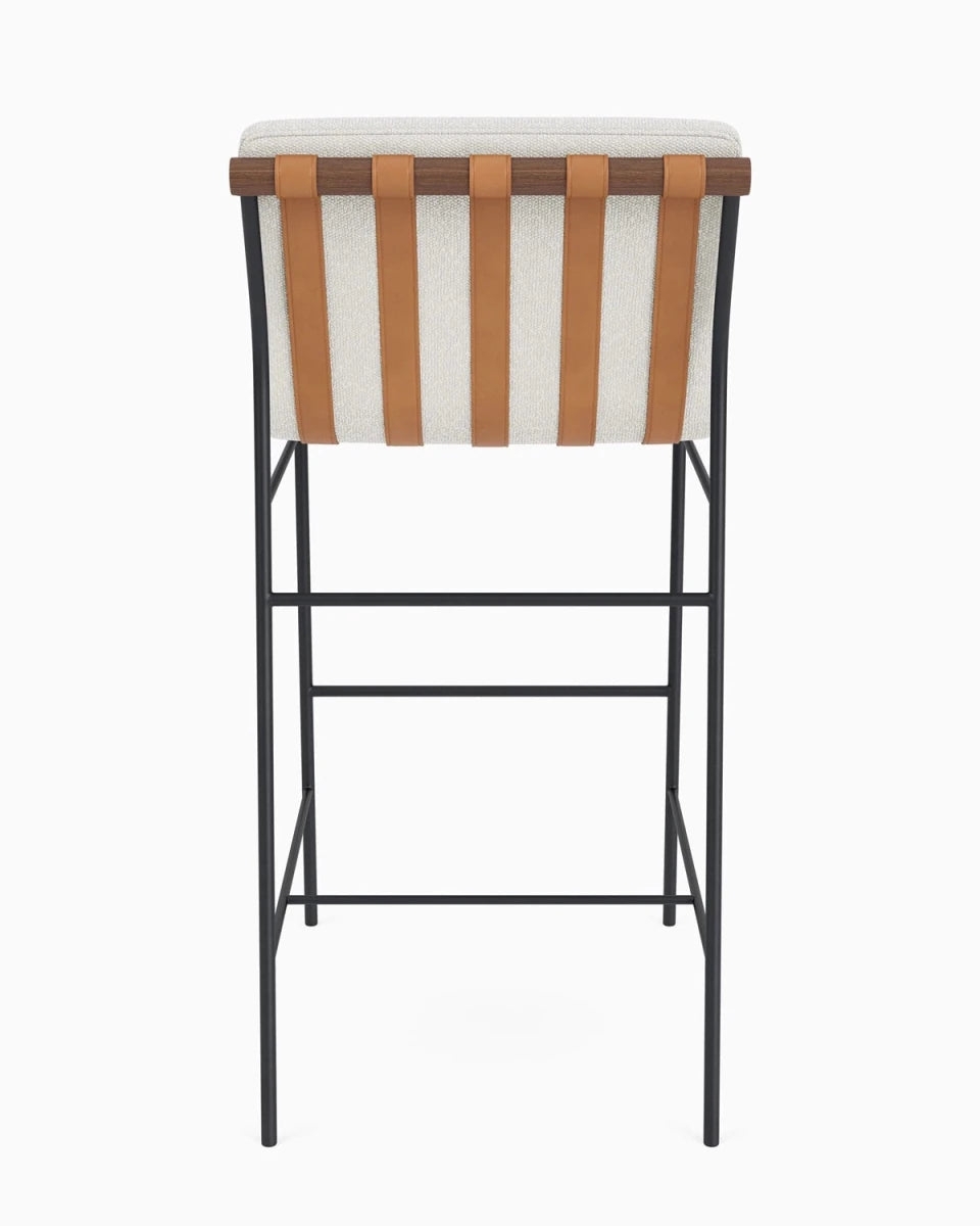 Bar Stool with Cognac Straps and Wood Top Rail