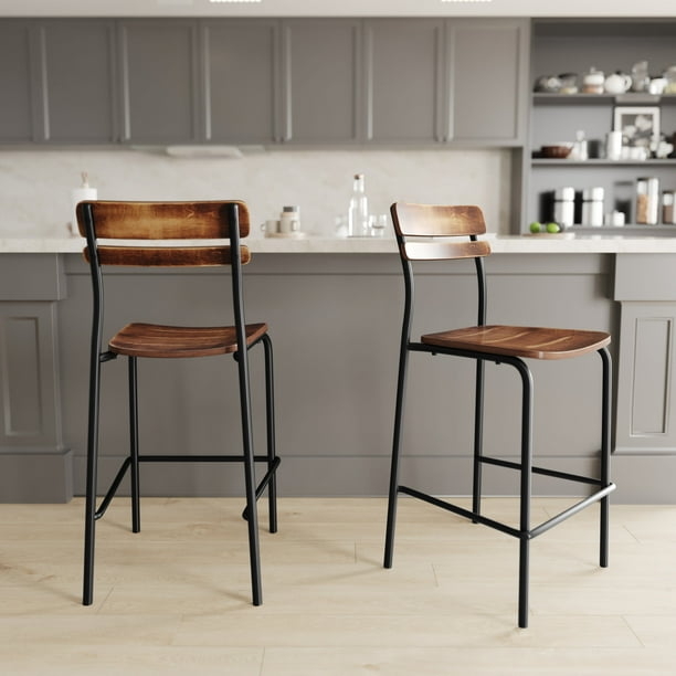 Bar Stool with Contoured Wood Seat and Slat Back Design