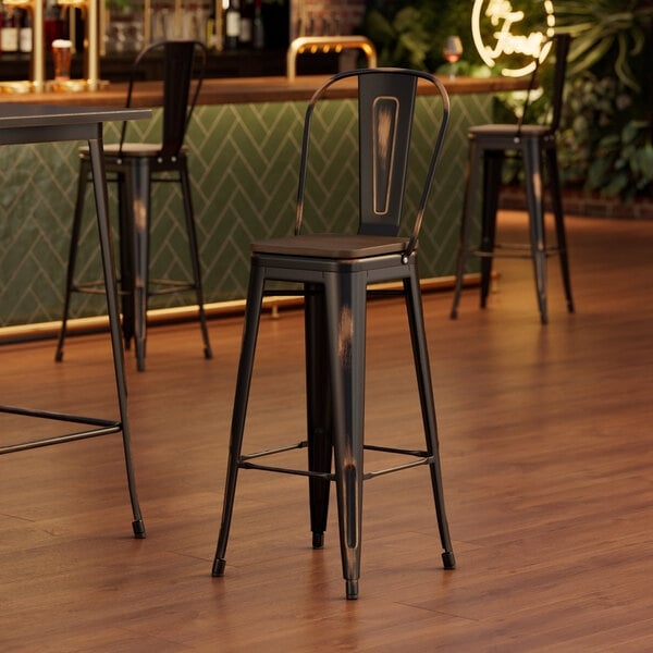 Bar Stool with Distressed Finish and Walnut Wood Seat