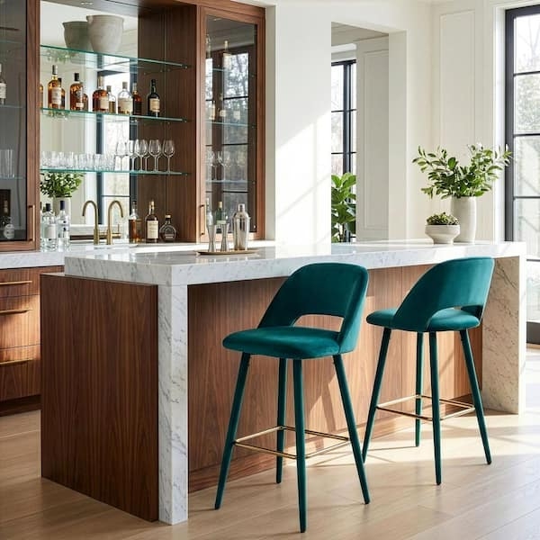Bar Stool with Teal Velvet and Upholstered Legs Glamour