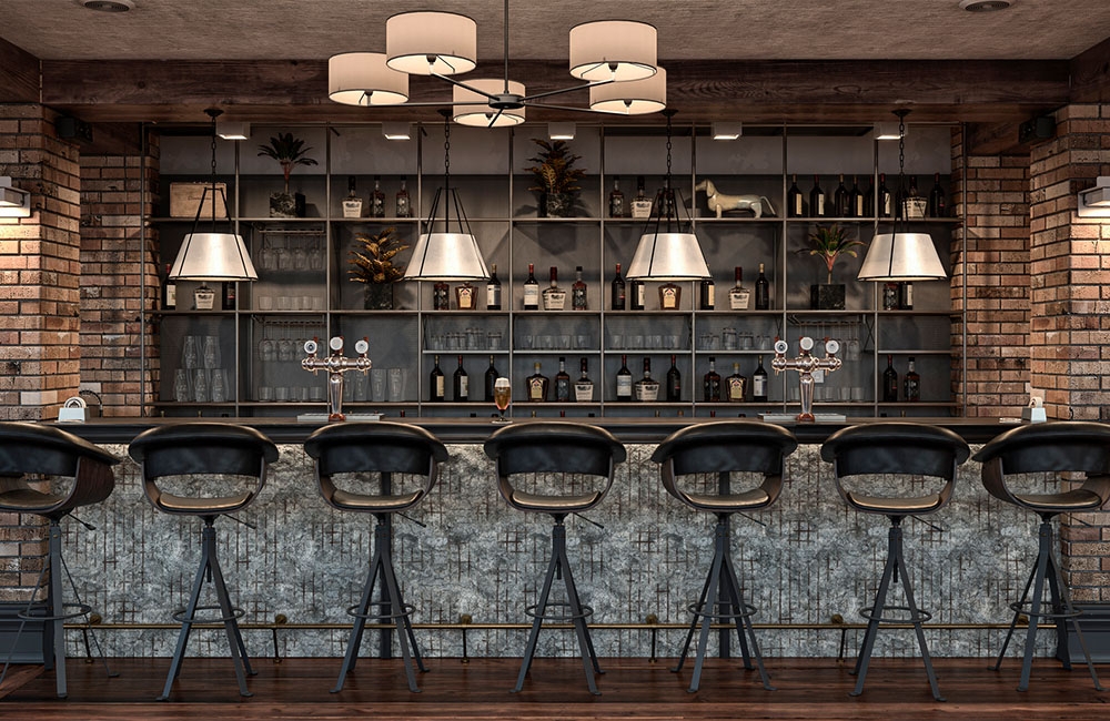 Bar Stool with Tripod Legs and Urban Basement Bar Design