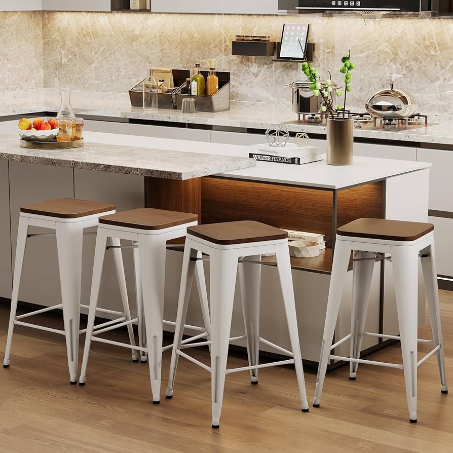 Bar Stool with White Metal Frame and Wood Top Contrast