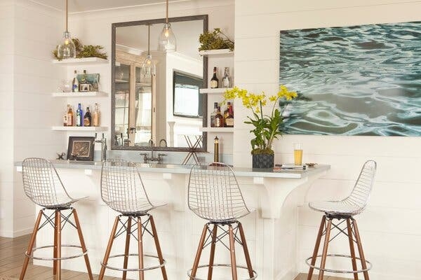 Bar Stool with Wire Mesh Seat and Coastal Modern Bar Design