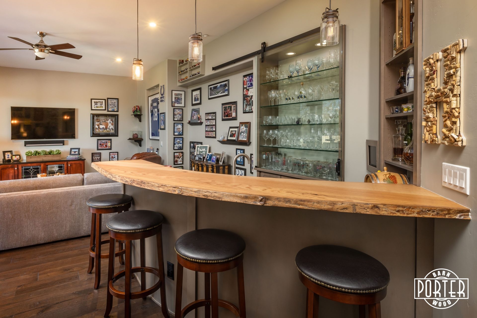 Bar Top: Curved Live Edge Slab and Custom Woodwork
