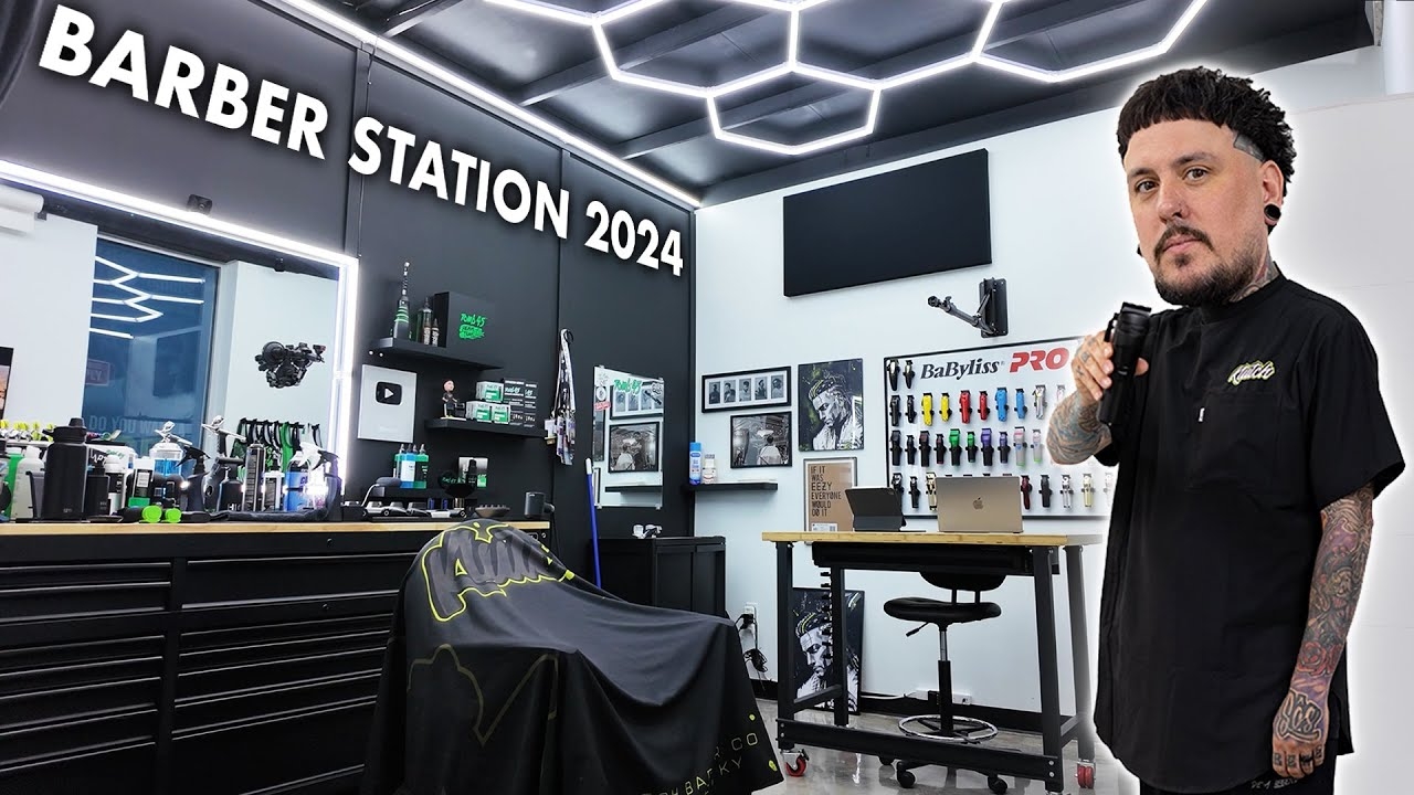 Barber Station featuring Hexagon Ceiling Light and Matte Drawers