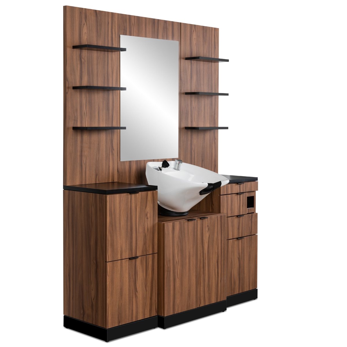 Barber Station with Retail Shelving and Walnut Wood Finish
