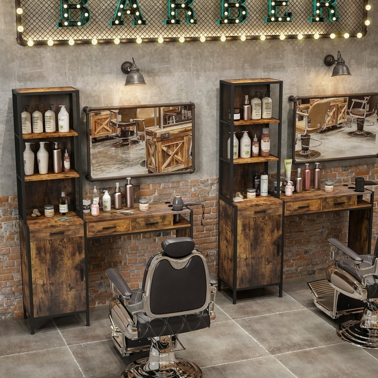 Barber Station with Wall Mounted Desk and Distressed Wood