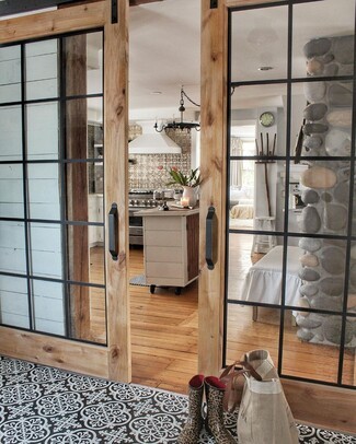 Barn Door: Light Wood Double Sliding French Doors