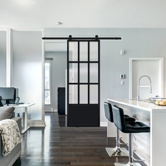 Barn Door: Solid Bottom Panel Black Metal Grid Door