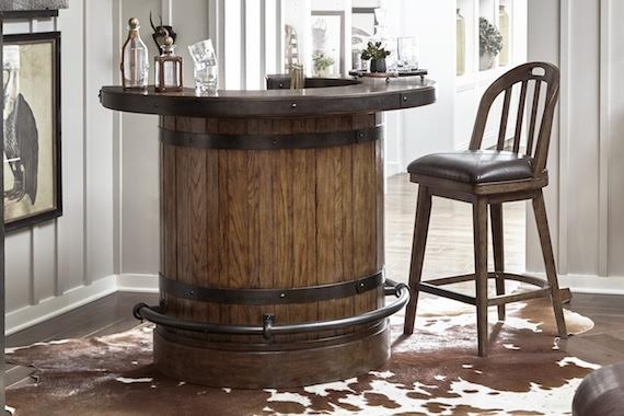 Barrel Bar with Barrel Stave Base and Rustic Barrel Bar Cabinet