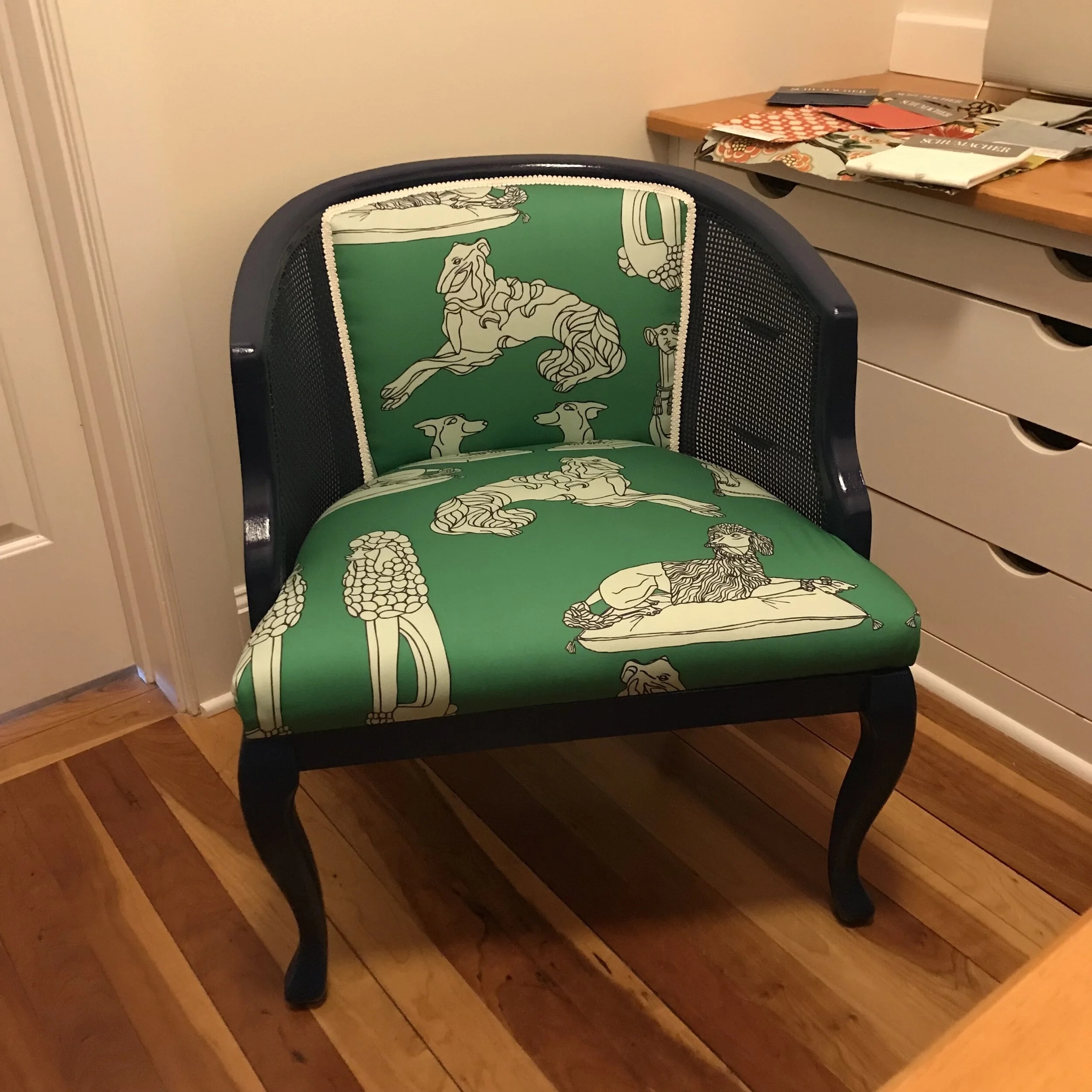 Barrel Chair Dog Pattern Navy Blue Dog Print Chair
