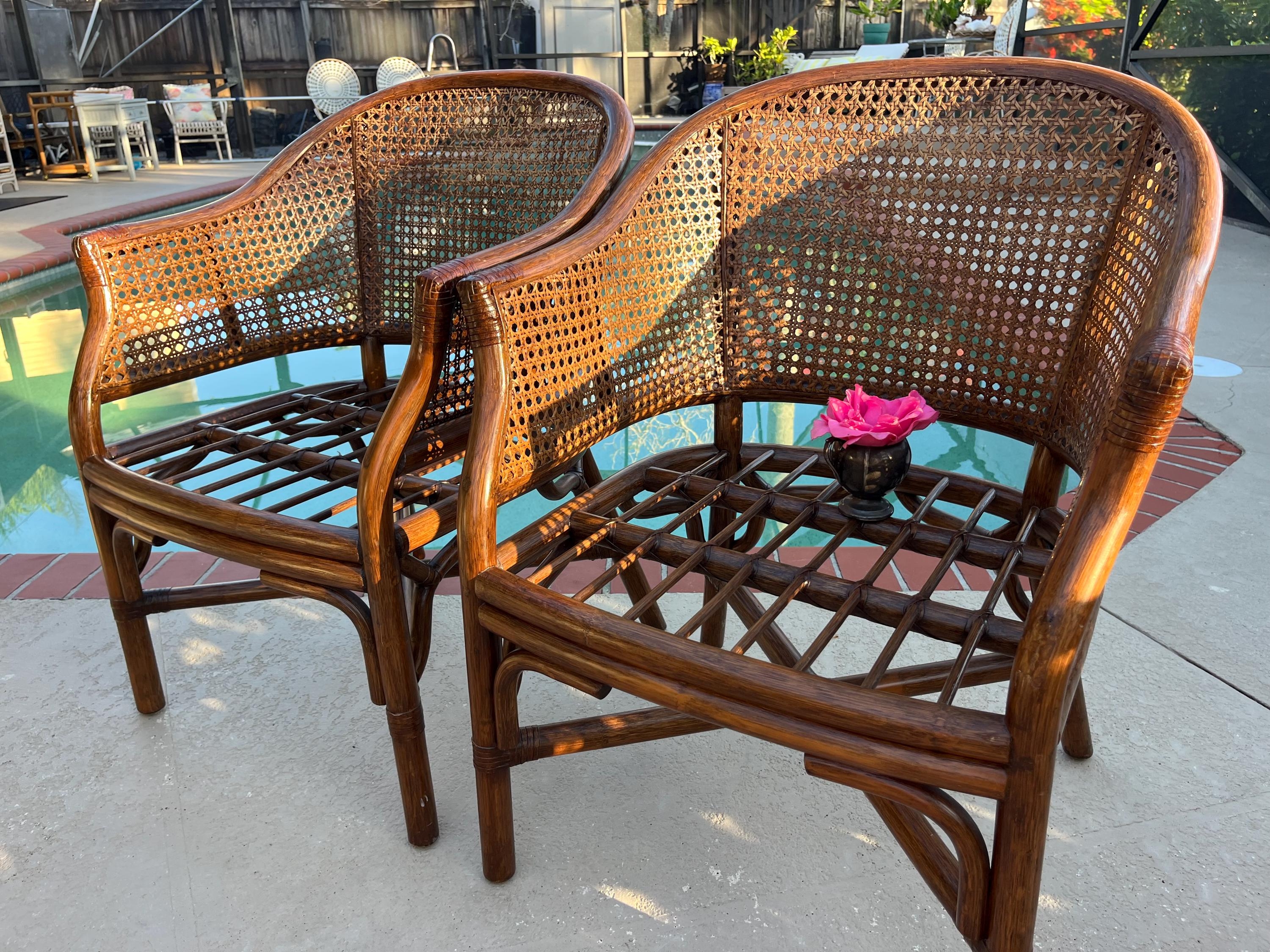 Barrel Chair Hexagonal Cane Weave Cognac Brown Rattan Chairs