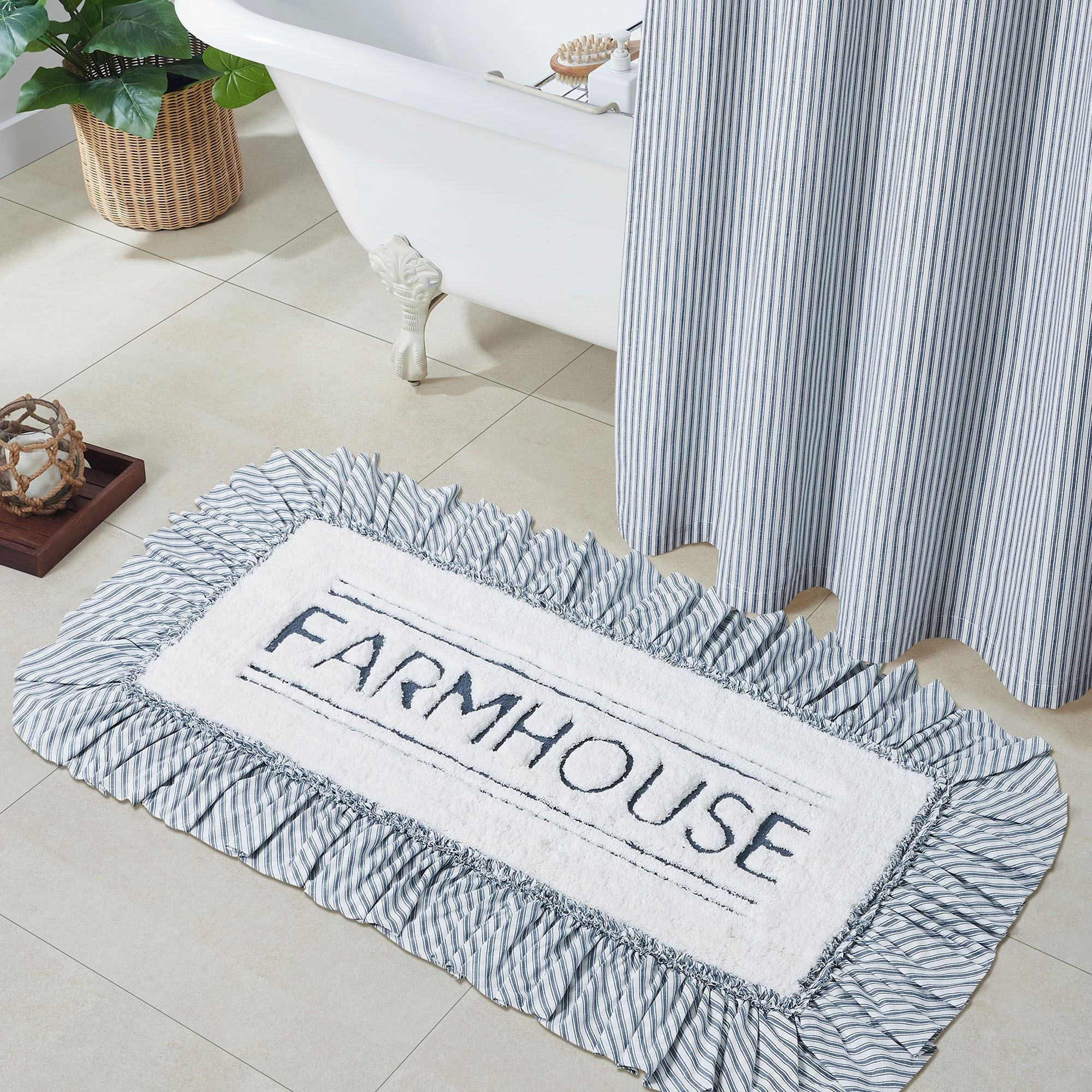 Bath Mat Farmhouse Text Logo Blue Ticking Stripe Rug