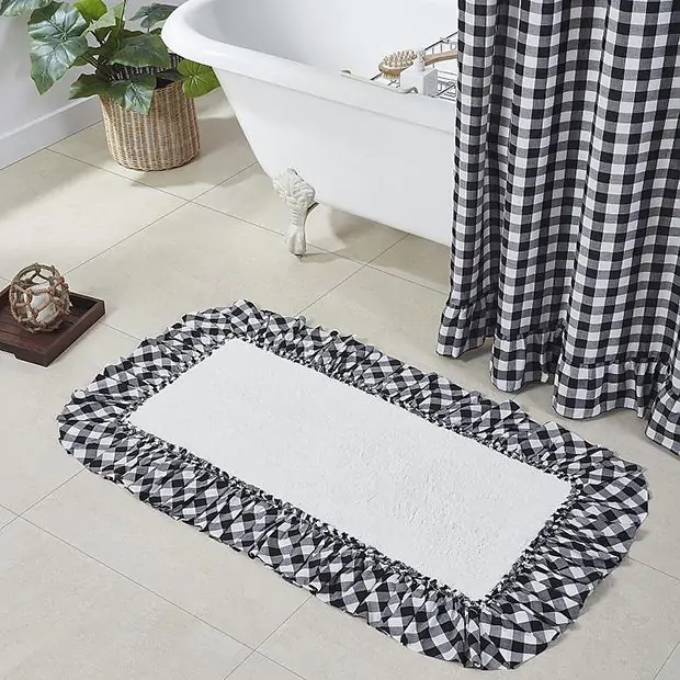 Bath Mat Ruffled Buffalo Plaid Black and White Mat