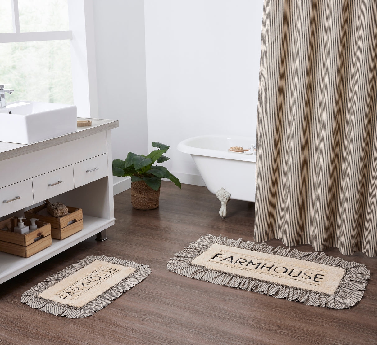 Bath Mat Ruffled Striped Trim Farmhouse Bath Rug