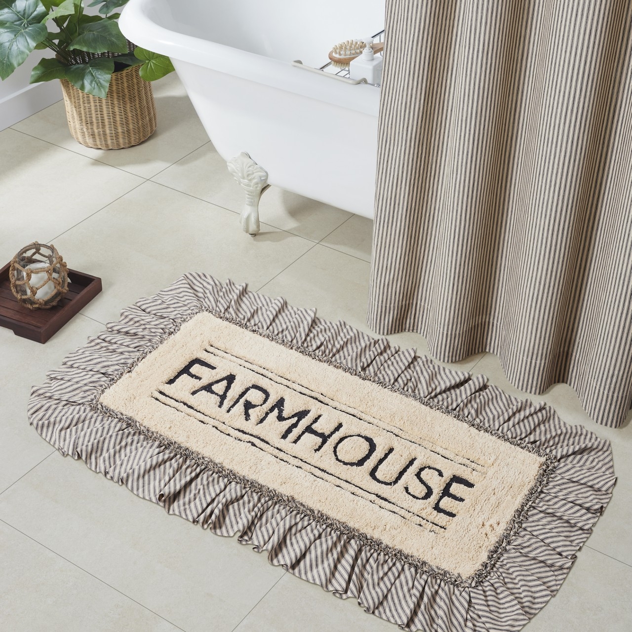 Bath Mat Ruffled Ticking Border Charcoal Farmhouse Mat