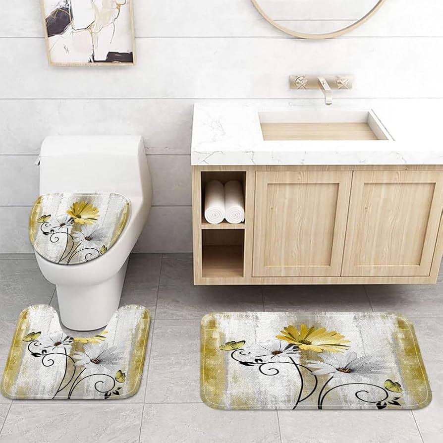 Bath Mat Set Yellow Daisy Print Farmhouse Floral Set