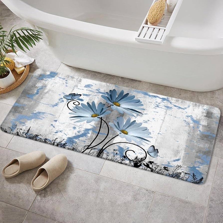 Bath Rug Blue Daisy Motif Farmhouse Floral Bath Runner