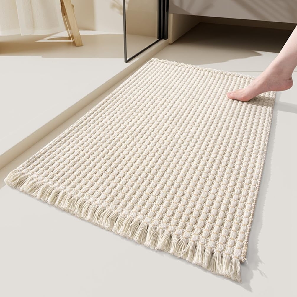 Bath Rug Fringed Tassels Neutral Textured Tassel Bath Mat