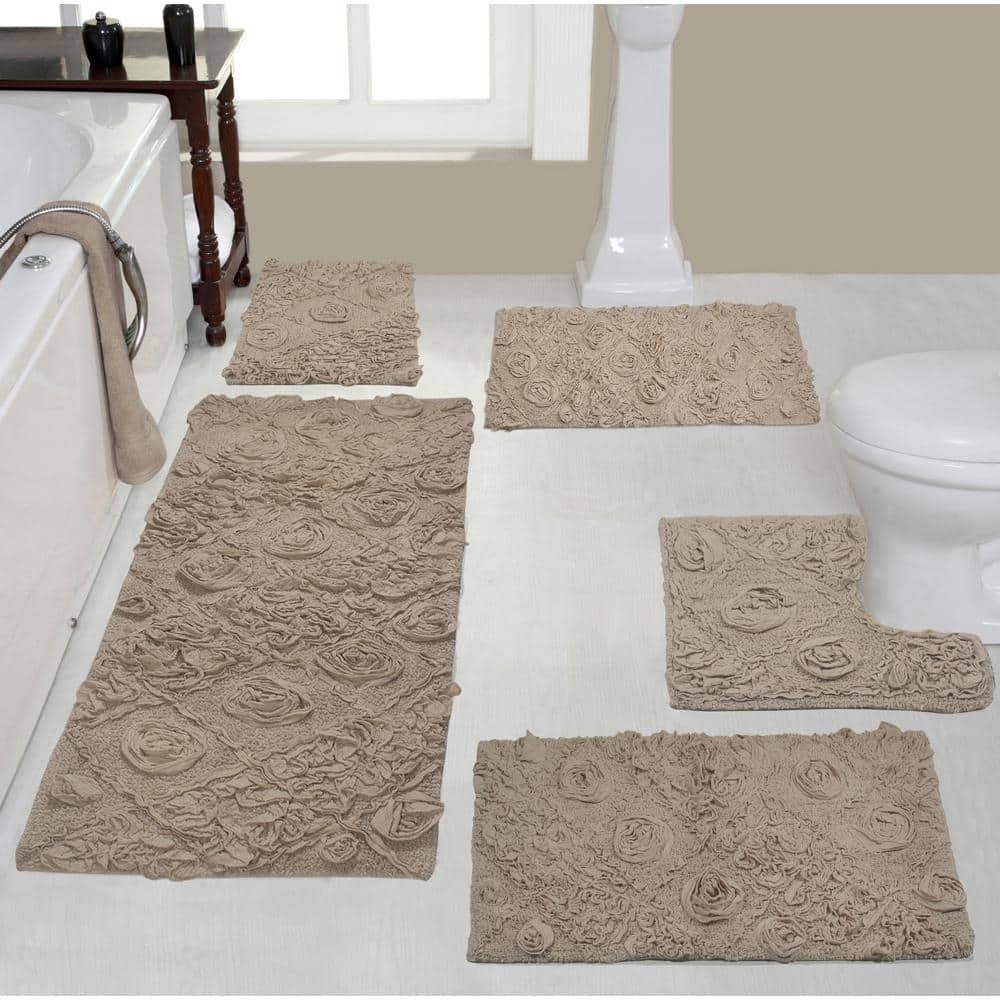 Bath Rug Set 3D Rosette Texture 5-Piece Taupe Set