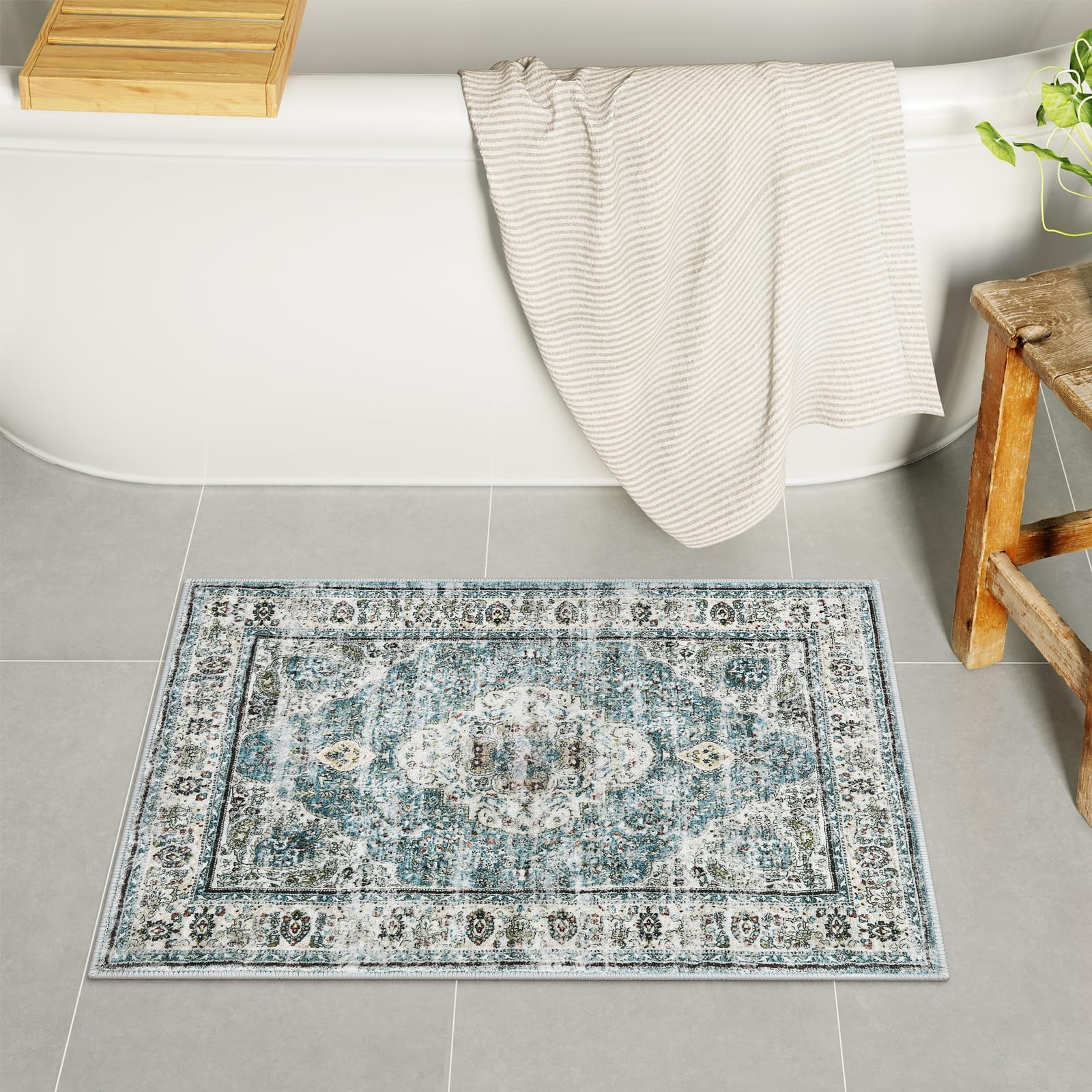 Bath Rug Teal Medallion Vintage Blue Oriental Textile