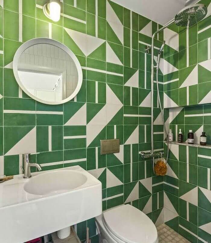 Bathroom Accent Tile Green Geometric Pattern and Shower Niche