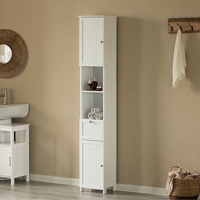 Bathroom Linen Tower with Mixed Open Closed Storage Slim Profile