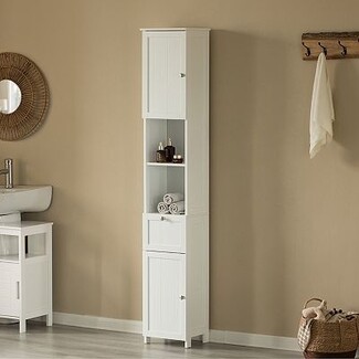 Bathroom Linen Tower with Mixed Open Closed Storage Slim Profile