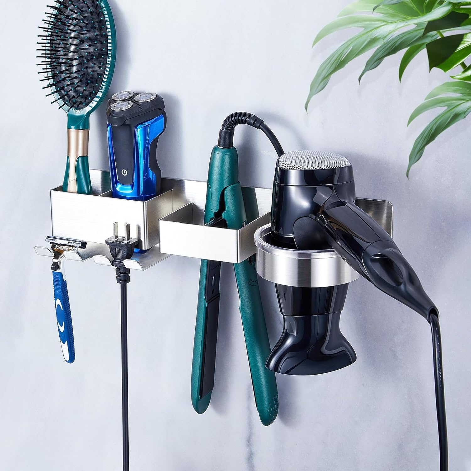 Bathroom Organizer: Brushed metal vanity storage with integrated plug