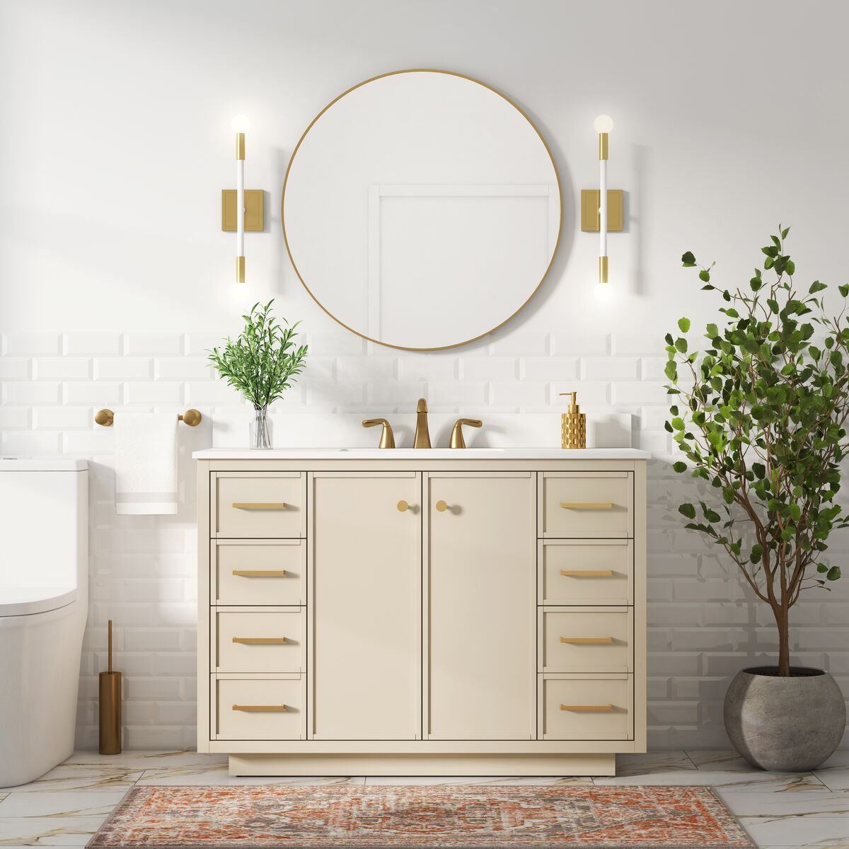 Bathroom Vanity: 48 Inch Beige Vanity with Eight Drawers