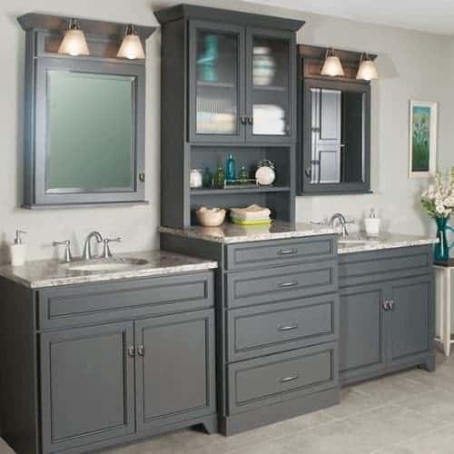 Bathroom Vanity: Charcoal Gray Glass Front Hutch Storage