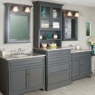 Bathroom Vanity: Charcoal Gray Glass Front Hutch Storage