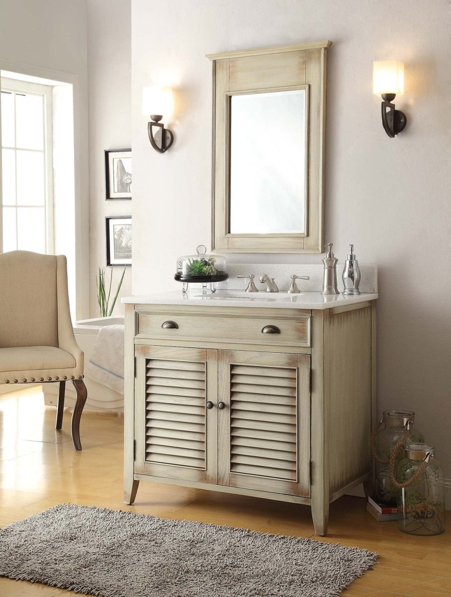 Bathroom Vanity: Cottage Style Vanity with Mirror and Louvers