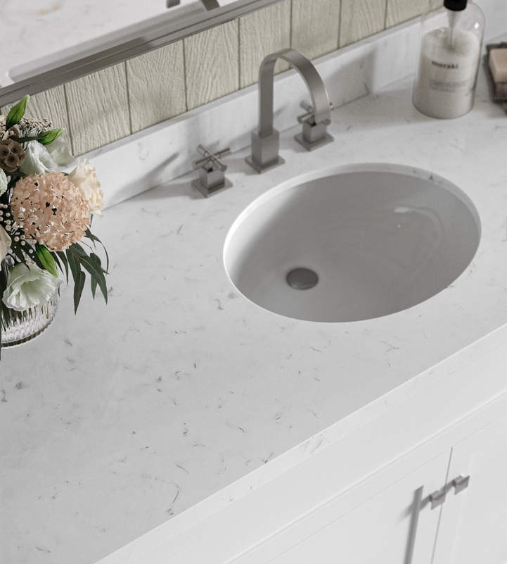 Bathroom Vanity Countertop featuring Mitered Edge and Cross Handles