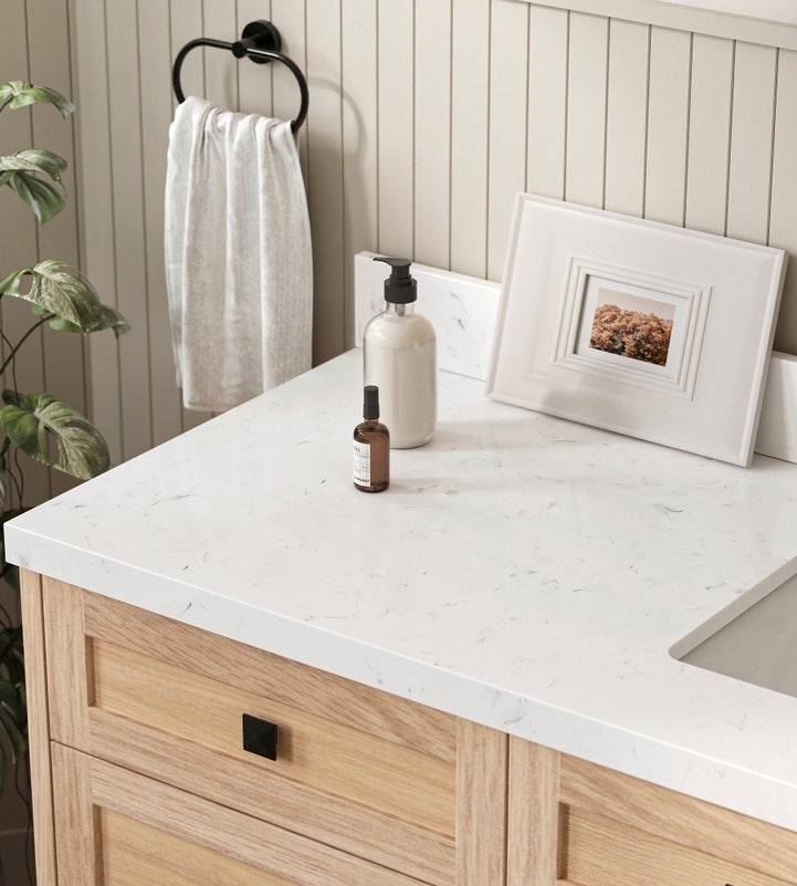 Bathroom Vanity Countertop with Miter Edge and Quartz Veining