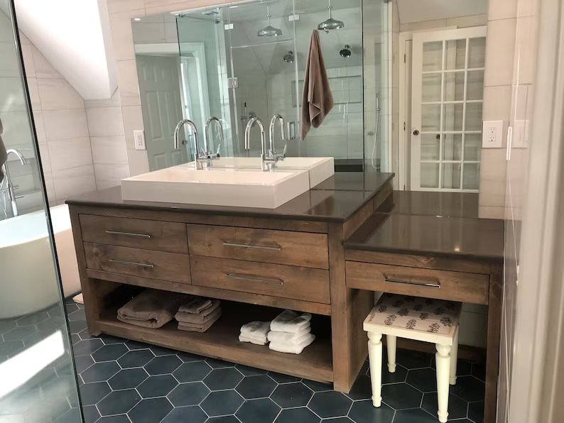 Bathroom Vanity: Dual Vessel Sink and Navy Hexagonal Tile
